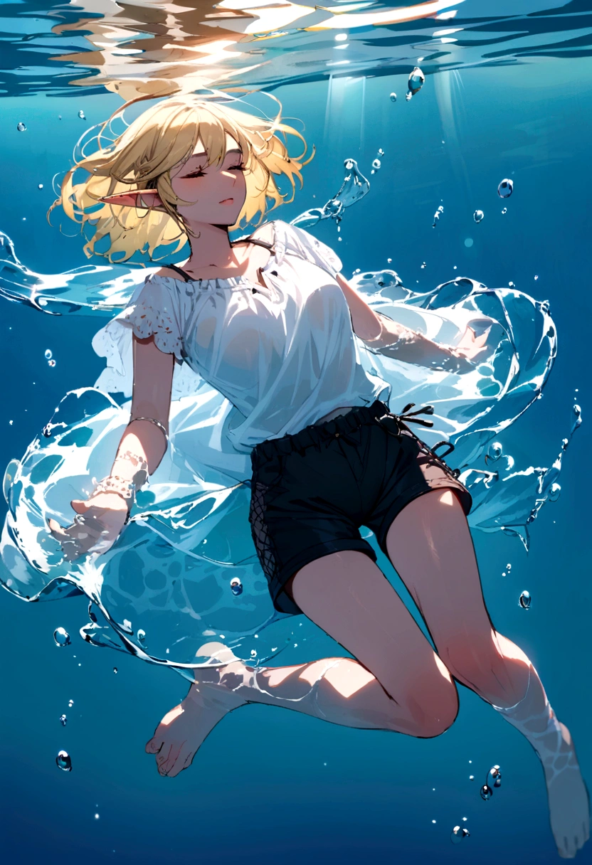 Elf man floating in water wearing only simple shorts,blonde elf man,Short Hair,Beautiful Water,Floating,relax