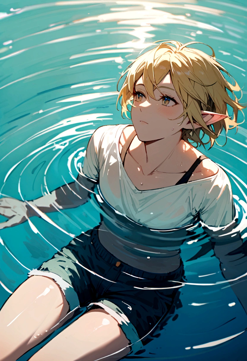 Elf man floating in water wearing only simple shorts,blonde elf man,Short Hair,Beautiful Water,Floating,relax