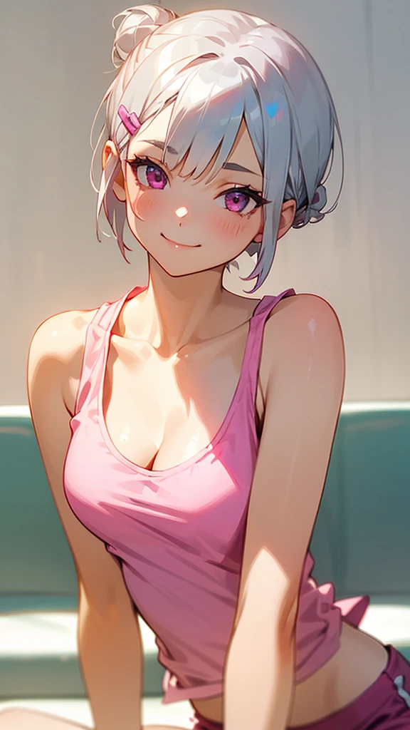 1girl、Short silver bob hair tied in a bun with a hair clip, Pink Eyes、smile、really like、Pink tank top、hot pants、Upper body close-up、Morning Cafe Terrace、Background blur, Written boundary depth, sitting, looking away, cleavage