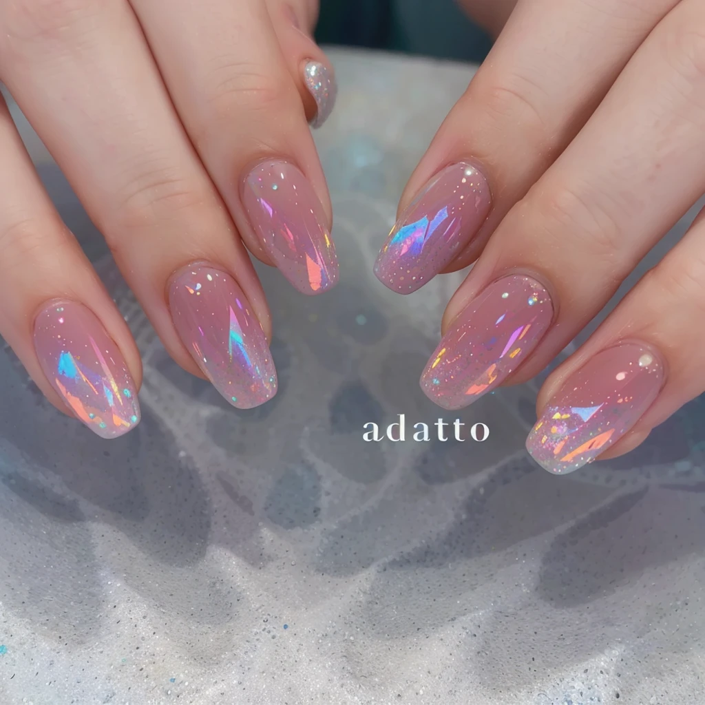 Mermaid scale nail design. Background is a simple white. Nails have a gradient color of pale blue and turquoise green. The scale pattern sparkles with pearl and holographic elements. Accents include shell, starfish, and pearl decorations. Overall, the design is beautiful and reminiscent of the ocean, with a fantastical feel.