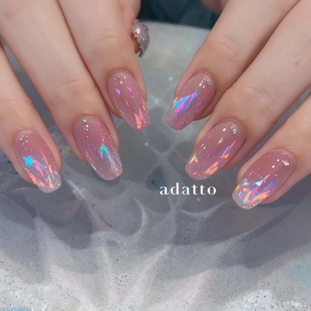 Mermaid scale nail design. Background is a simple white. Nails have a gradient color of pale blue and turquoise green. The scale pattern sparkles with pearl and holographic elements. Accents include shell, starfish, and pearl decorations. Overall, the design is beautiful and reminiscent of the ocean, with a fantastical feel.