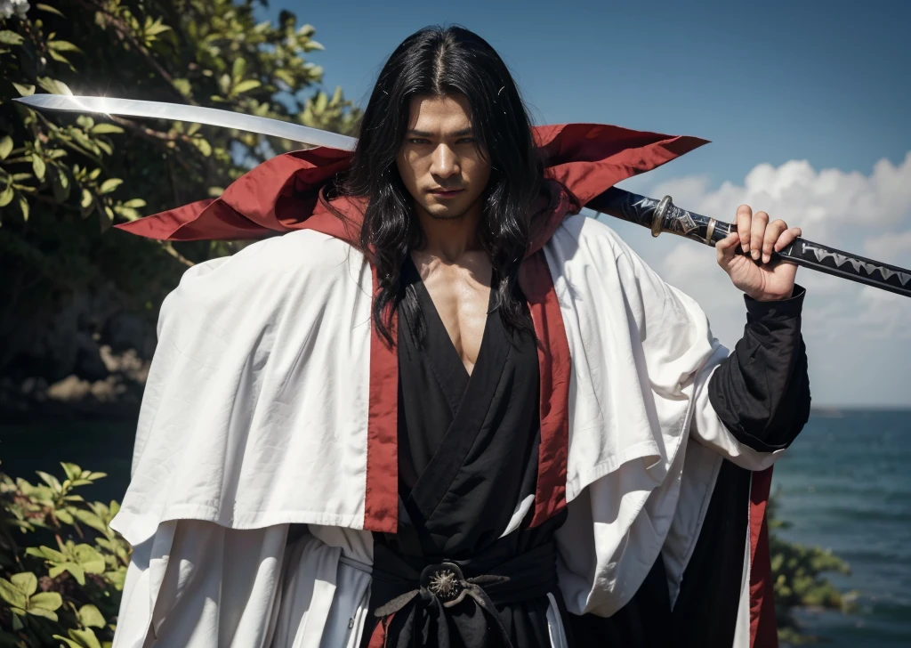 arafed man (hiko seijuro) in a black and white robe holding a sword, anime cosplay, flowing hair and long robes, (hiko seijuro) as a super villain, beautiful male god of death, with cape, full body wuxia, with a long black cape