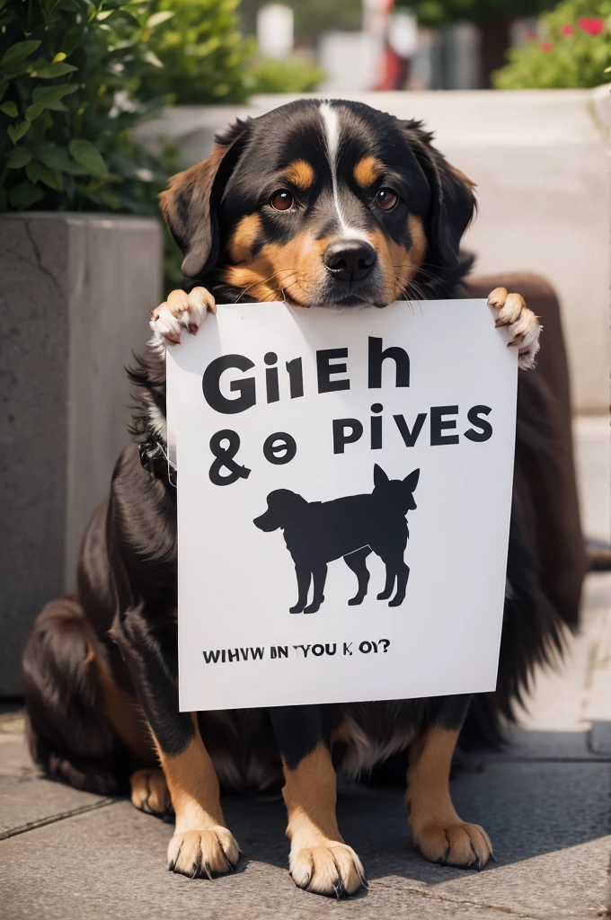 a dog holding a sign saying give me a pix