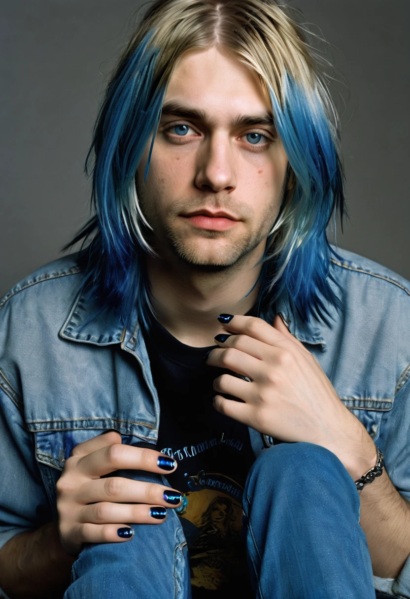 kurt cobain, with long blue hair, cuted jeans, black painted nails, ultra hd, maximo detalle