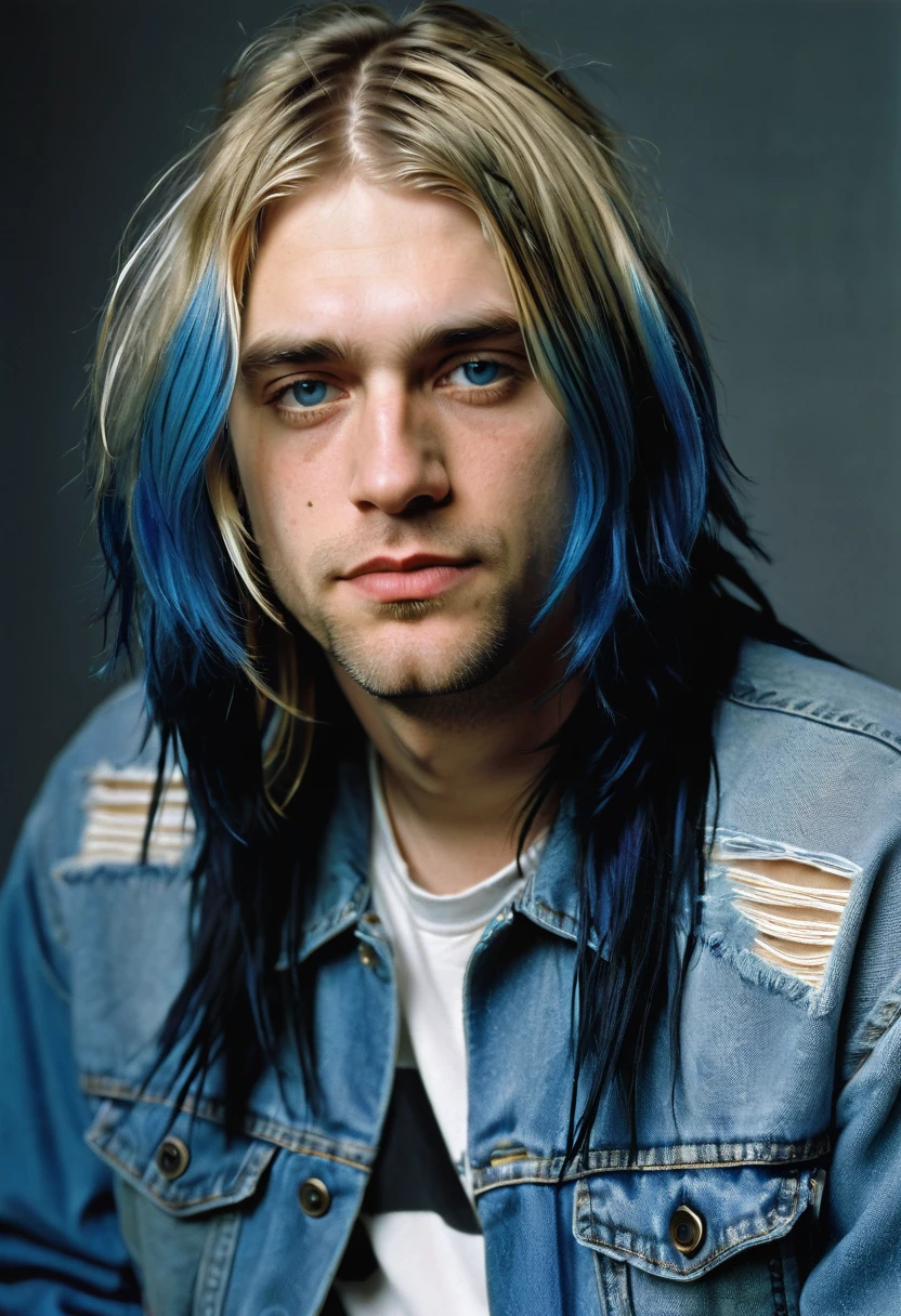 kurt cobain, with long blue hair, cuted jeans, black painted nails, ultra hd, maximo detalle