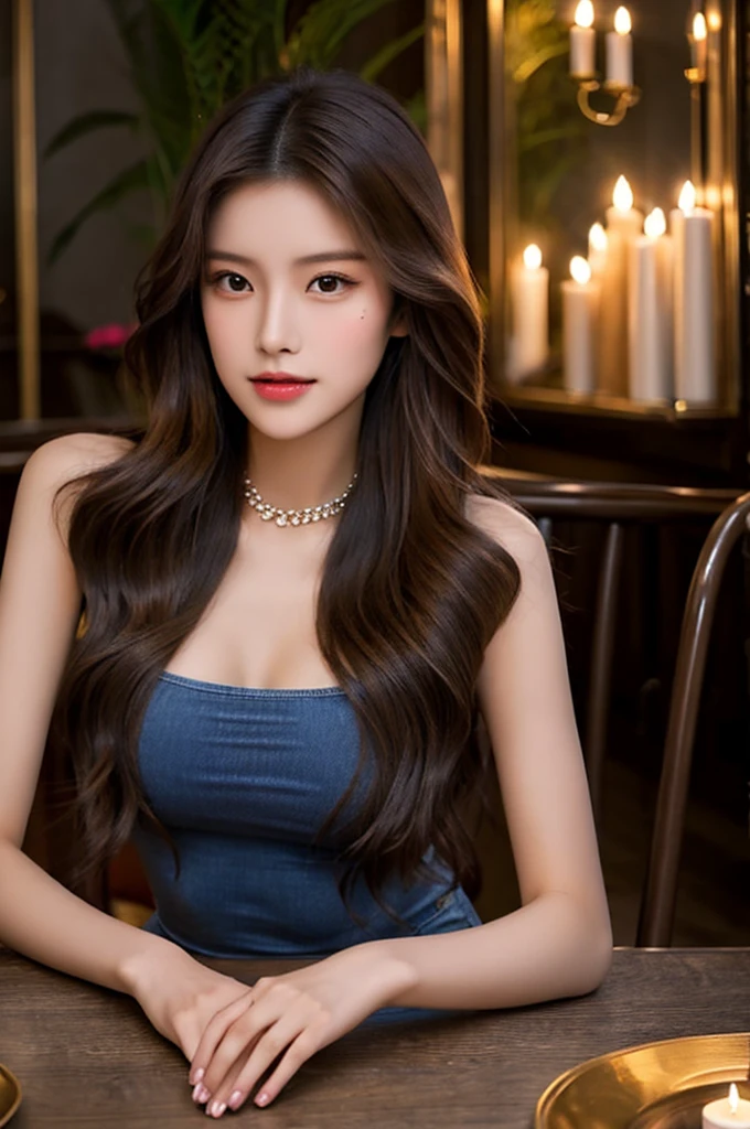 Generate an image of a breathtaking 20-year-old Asian woman whose beauty is comparable to a goddess of the fire element. She has large brown eyes, dark brown hair, radiant skin, and an appealing look. Dressed in a stunning top and blue skinny jeans, she is seated elegantly at a romantic dining table. The ambiance is intimate with soft lighting, candles, and a beautifully set table.