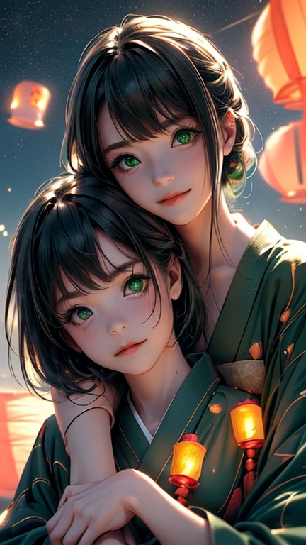 nsfw, Masterpiece, top quality, highly detailed, (Photorealistic style:1.4), Chiaroscuro style, backlighting, 2 girls, A lesbian couple in yukata, (Hug from behind, and put hand on bust, bust shot:1.6), looking at the camera with a smile, (A close-up of their beautiful faces,  green eyes:1.8), (Lots of fireworks all over the sky, Many Lanterns floating in the sky, big shining milky way:1.4),