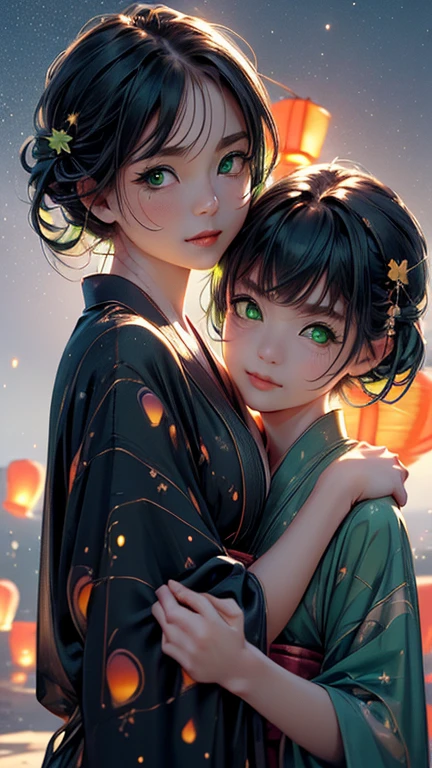 nsfw, Masterpiece, top quality, highly detailed, (Photorealistic style:1.4), Chiaroscuro style, backlighting, 2 girls, A lesbian couple in yukata, (Hug from behind, and put hand on bust, bust shot:1.6), looking at the camera with a smile, (A close-up of their beautiful faces,  green eyes:1.8), (Lots of fireworks all over the sky, Many Lanterns floating in the sky, big shining milky way:1.4),