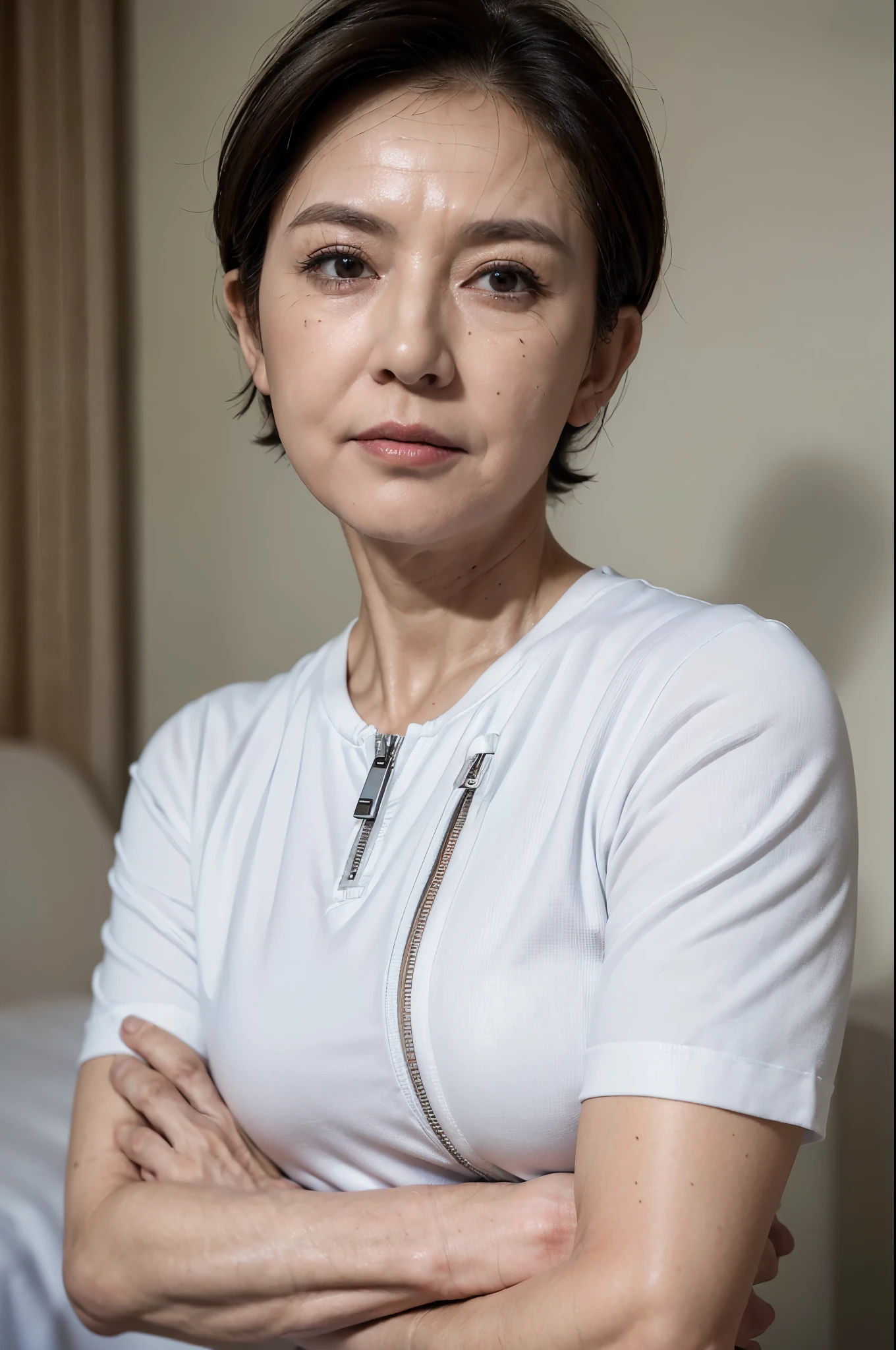 (masterpiece:1.4),(65-year-old woman:1.5),(Facial wrinkles : 1.2), (short hair), (glare at viewer with despise : 1.2), maternal, Mature Woman, (dressed as a nurse : 1.2), (white Short sleeve uniform of nurse with single front zipper : 1.3), acnes, skin blemishes, fleckles, hospital, bed, (muscular arms : 1.2), (thick thighs : 1.2), (sitting on a chair : 1.2), bright lighting