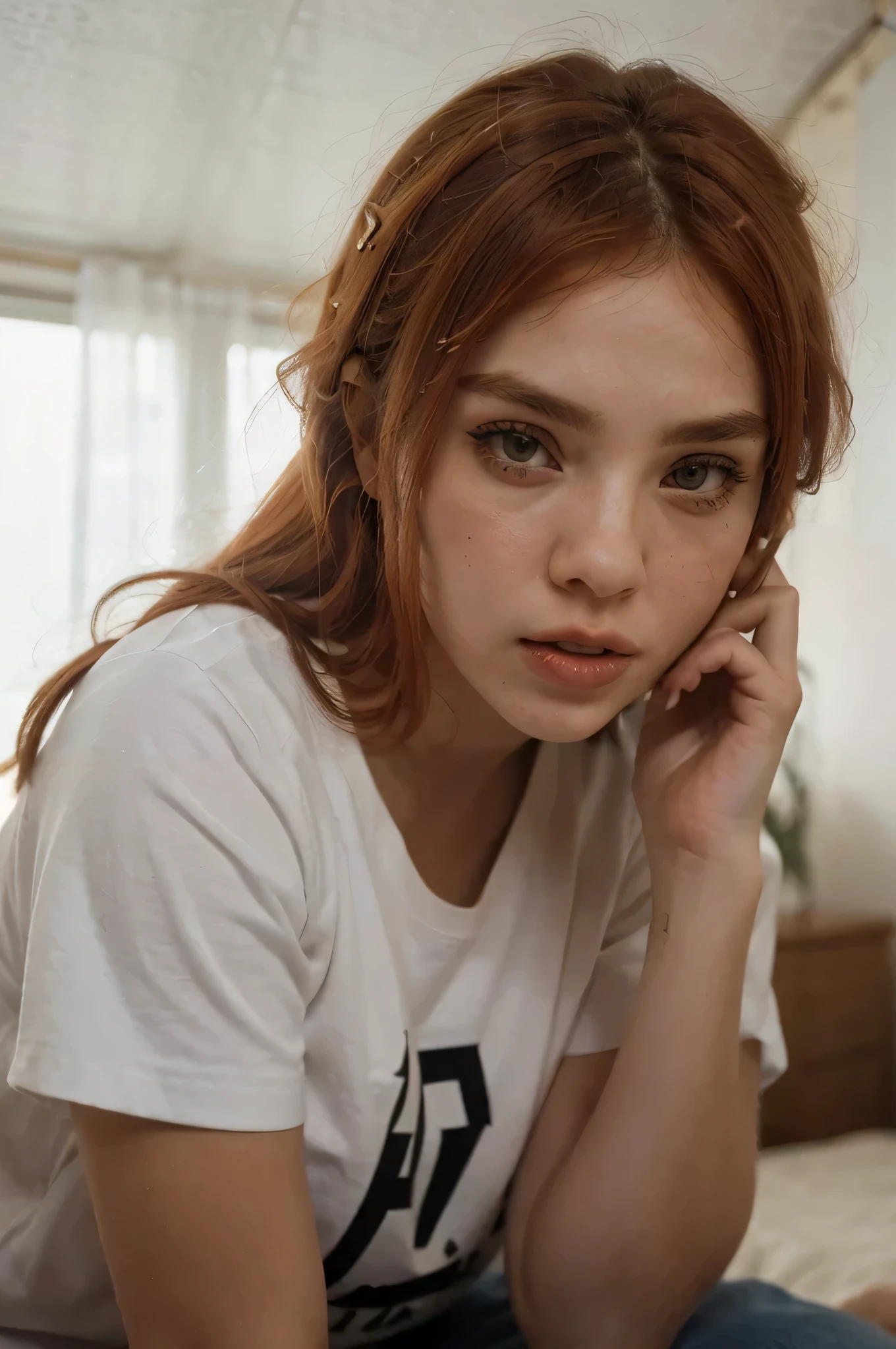 ((The best quality)), ((Masterpiece)), (detailed), Perfect Face Photo,8k,sharp focus,beautiful woman,close,T-shirt,(detailed eyes:0.8),(looking to the camera:1.4),(the highest quality),(The best eye shadow),Brown eyes,rim lighting,Two tone lighting,Low light,discreet,intricate details,interior,horsetails,ginger hair:1.3,Open mouth:0.7,parts