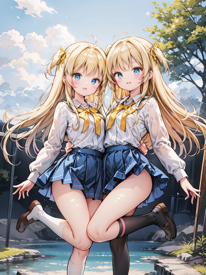 Very nice and beautiful, Anime Style, pretty girl, Standing Split, Standing on one leg, 1girl, Long Hair, Blonde hair, Yellow ribbon, White shirt, White panties, Blue tie, Blue Skirt, Black knee-high socks, (Thin thighs: 1.1), plein air, wind