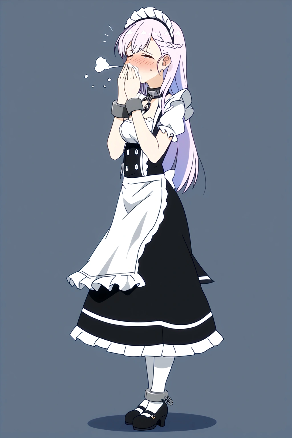 Anime. Azur Lane. 1 girl. Belfast. Housemaid. Slave. Slave collar. Shackles. Maid uniform. Cold. Runny nose. Nasal mucus. Snot. Sneezing. Heat. Heat. Fever. Sneeze. Sneeze standing. Sneeze snot. Snot flows from the nose. Itchy nose. Wants to fix it. I have to sneeze. She sneezed. Snot flew out of her nose. Snot flows from her nose after sneezing. Embarrassment. Blush. Handkerchief. He sneezes, covering his nose with his hand. Blows his nose. Clumsy. Virgin. Period. Standing. Full height. Full body. NSFW. Sneeze fetish. Ultra detail. 8k. Wax permit. Excellent quality.