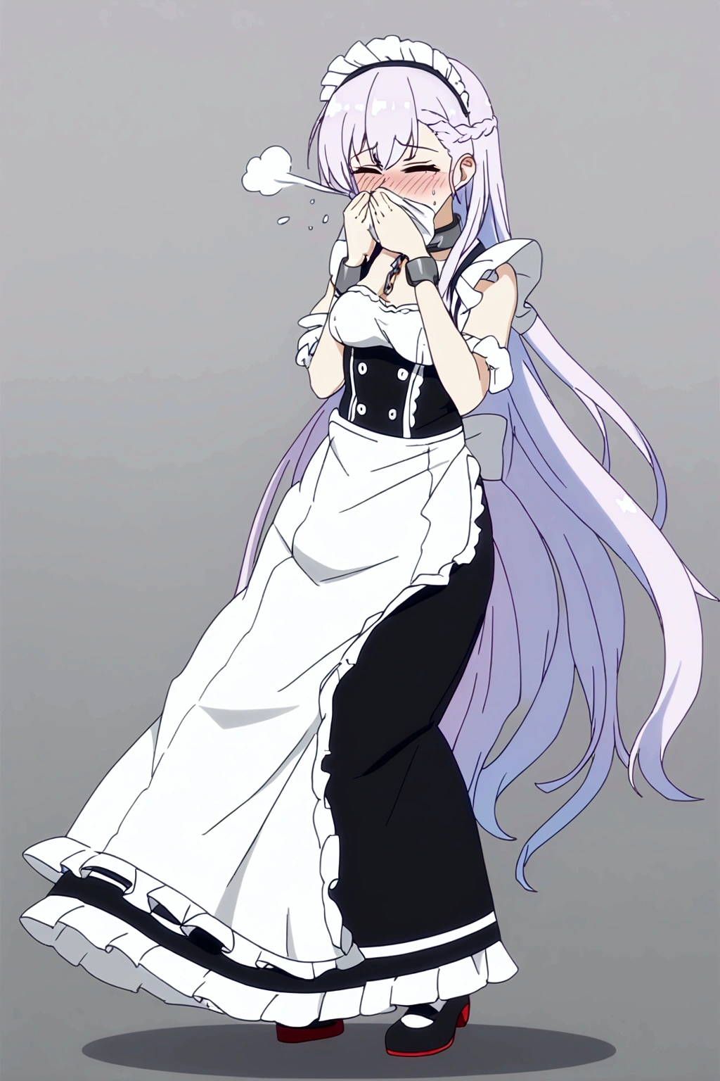 Anime. Azur Lane. 1 girl. Belfast. Housemaid. Slave. Slave collar. Shackles. Maid uniform. Cold. Runny nose. Nasal mucus. Snot. Sneezing. Heat. Heat. Fever. Sneeze. Sneeze standing. Sneeze snot. Snot flows from the nose. Itchy nose. Wants to fix it. I have to sneeze. She sneezed. Snot flew out of her nose. Snot flows from her nose after sneezing. Embarrassment. Blush. Handkerchief. He sneezes, covering his nose with his hand. Blows his nose. Clumsy. Virgin. Period. Standing. Full height. Full body. NSFW. Sneeze fetish. Ultra detail. 8k. Wax permit. Excellent quality.