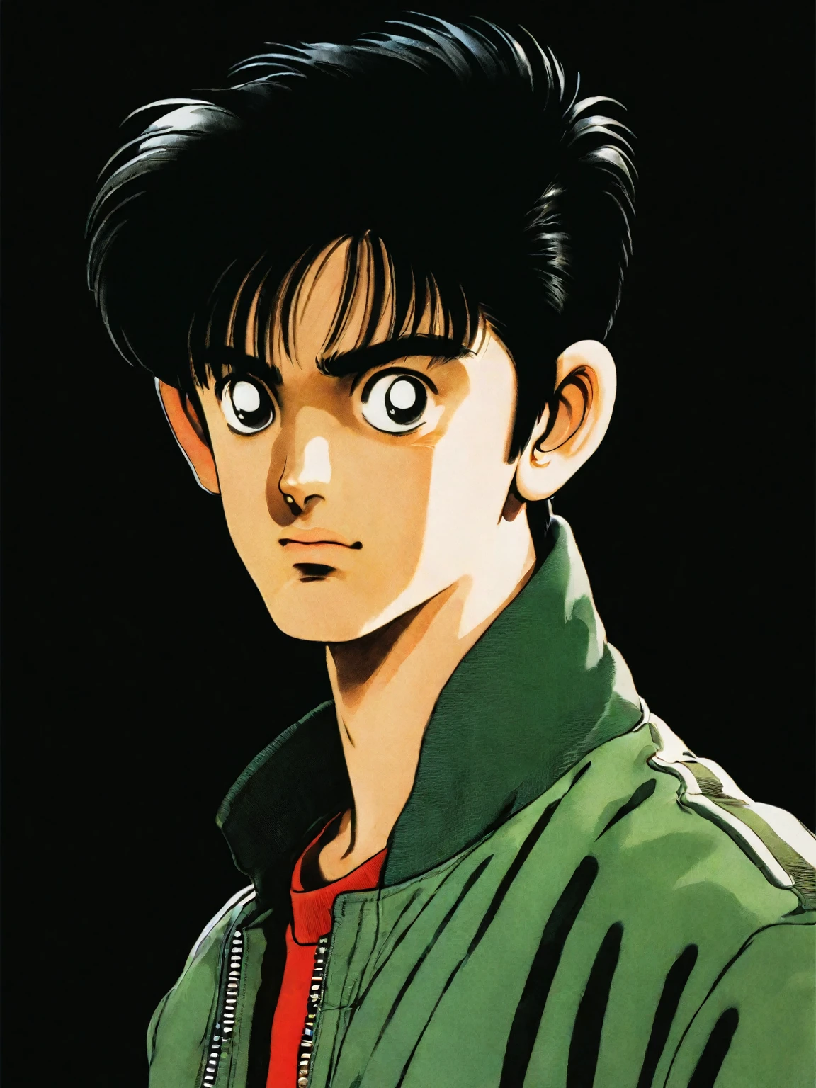 Young 18 year old boy, 80s anime style, flat-colors, chave visual, Vibrant, studio anime, highy detailed