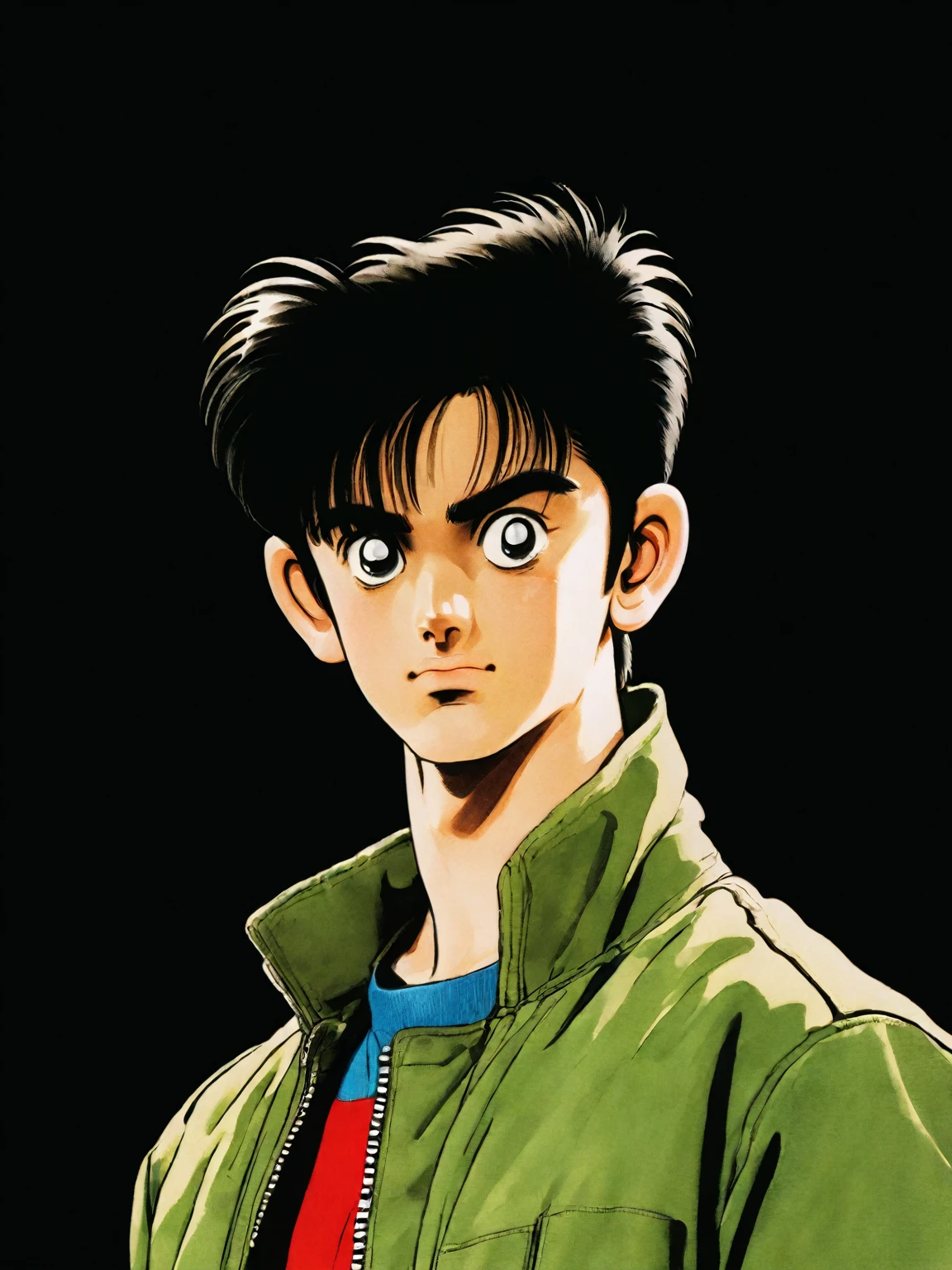 Young 18 year old boy, 80s anime style, flat-colors, chave visual, Vibrant, studio anime, highy detailed