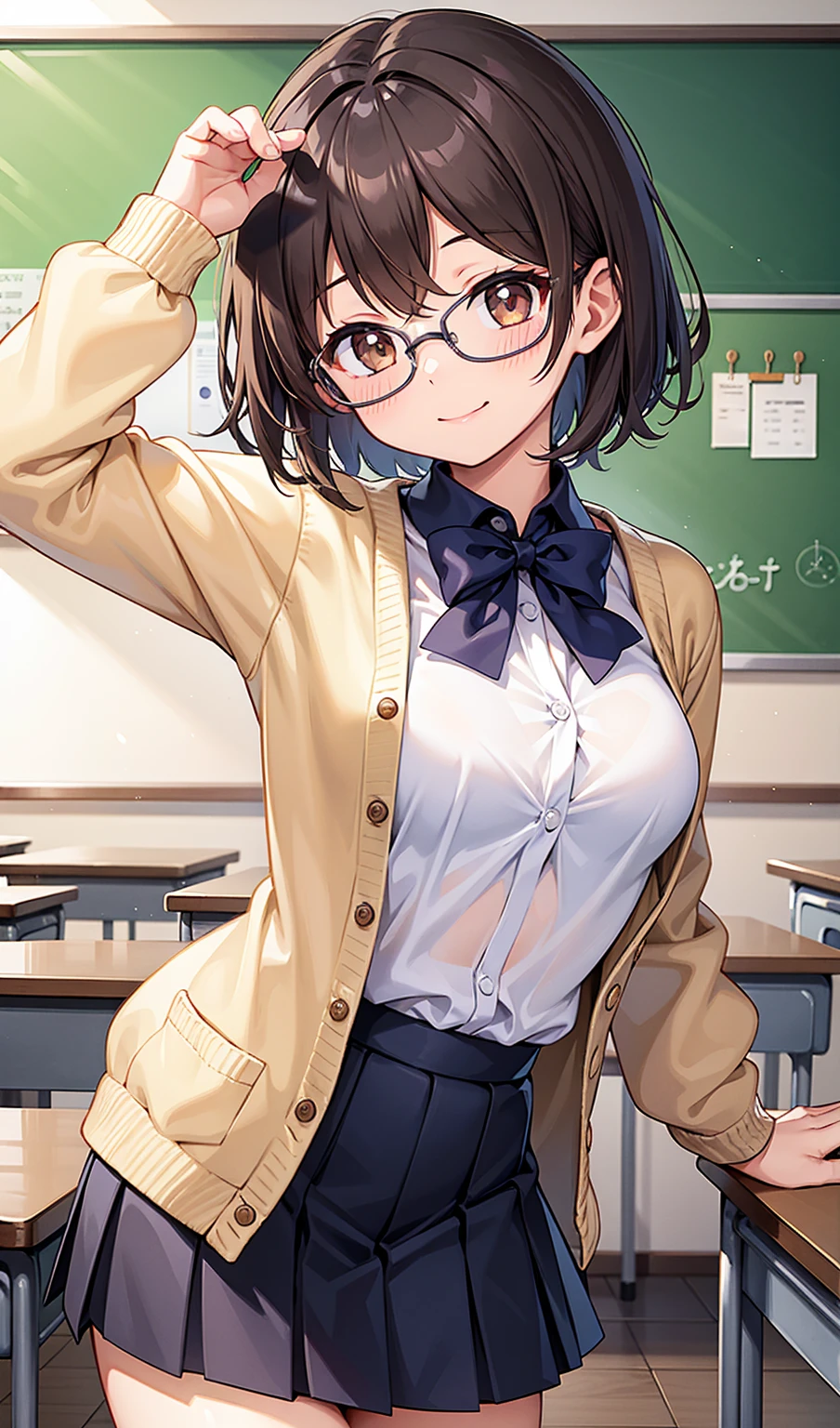 (One girl)、smile、Glasses、turn around、teacher、Cream colored cardigan、Navy blue tight skirt、Classroom Dark Brown Short Hair、Dark brown eyes