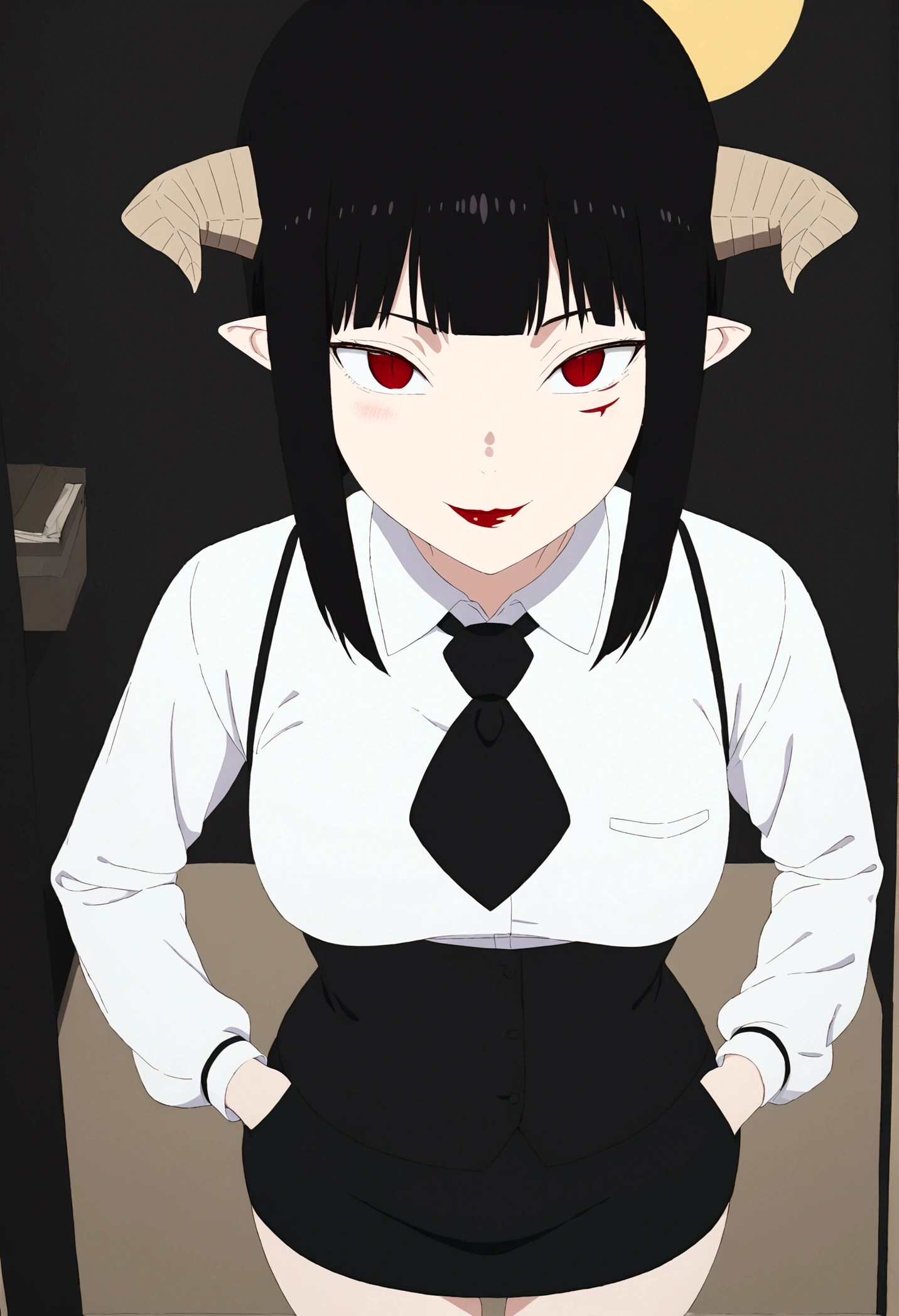 ,hands in pocket,work of art, tight white secretary shirt with black tie, black high waist skirt, short skirt,stocking, black hair, black tightscary sun,office,bangs on the eyes,lighting,horn of hair,view from above,evil smile,linda,staring overhead,blushed,face red,Eyes red,