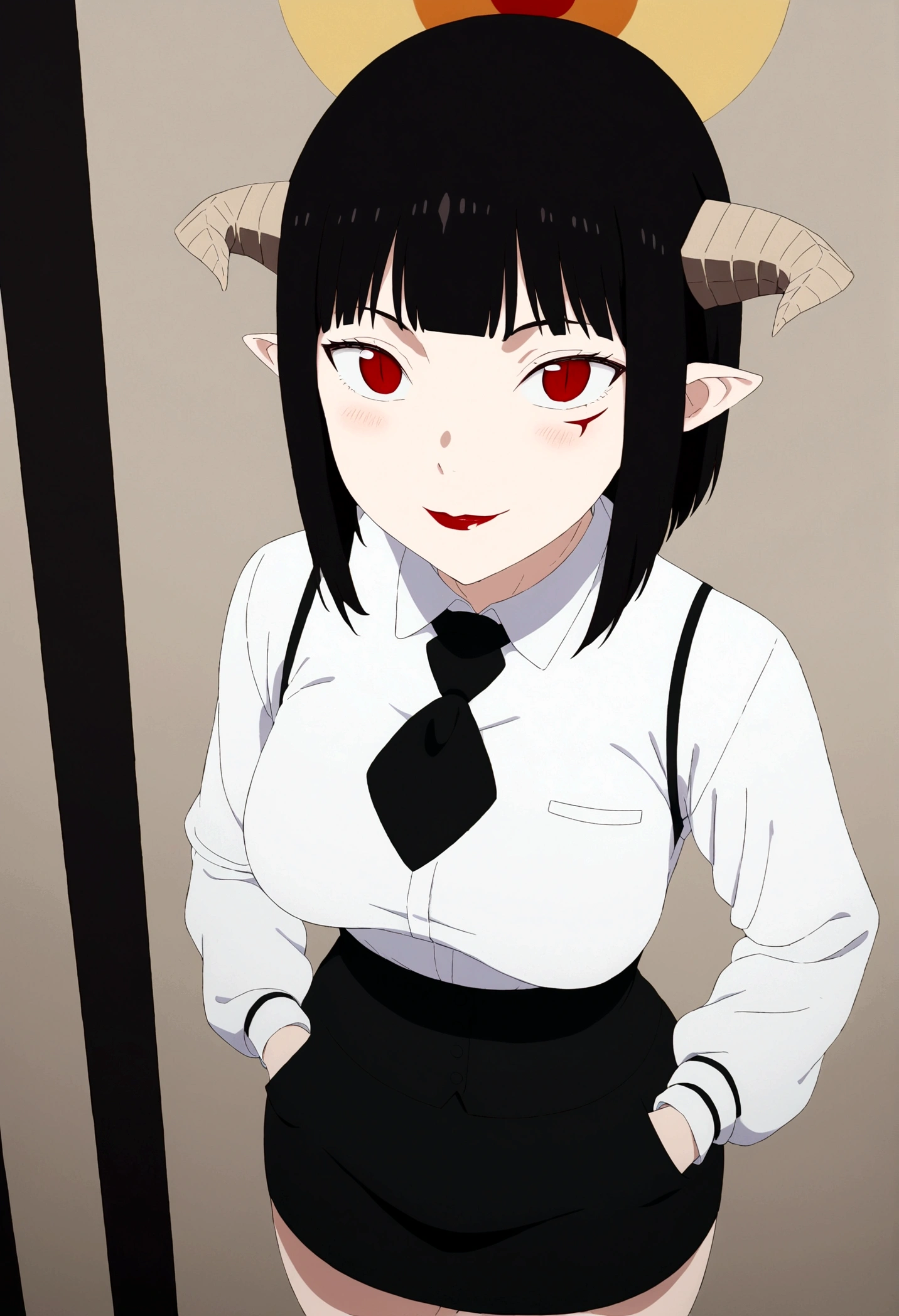 ,hands in pocket,work of art, tight white secretary shirt with black tie, black high waist skirt, short skirt,stocking, black hair, black tightscary sun,office,bangs on the eyes,lighting,horn of hair,view from above,evil smile,linda,staring overhead,blushed,face red,Eyes red,