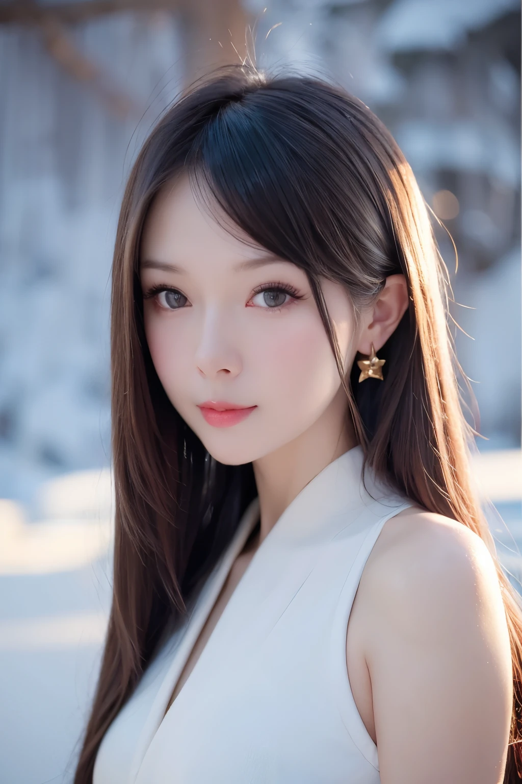 A portrait of a girl,Upper Body,in an Oriental Artistic style,Exuding temptation,girl,(Oriental Art),attractive appearance,expressive eyes,Subtle background,Bright environment,Chinese,Typing art background,Realistic style,Reality,photo,Texture,Skin streaks,whole body,Snow Scene,