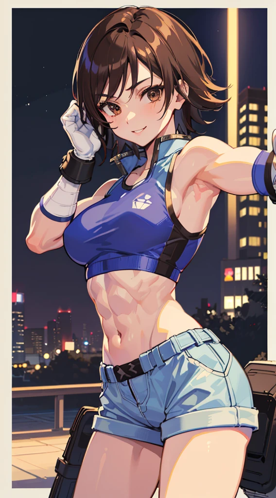 "(masterpiece、premium quality:1.2)、alone、1 girl(Asuka Kazama、muscular woman、short brown hair、white skin、brown eyes)、cowboy shot、smile、tight clothes、good for sports、crop top、shorts、(gloves:1.1)、internal、elbow pad、abdomen、trained abdominal muscles、trained biceps、City of night, adjusting clothes, 