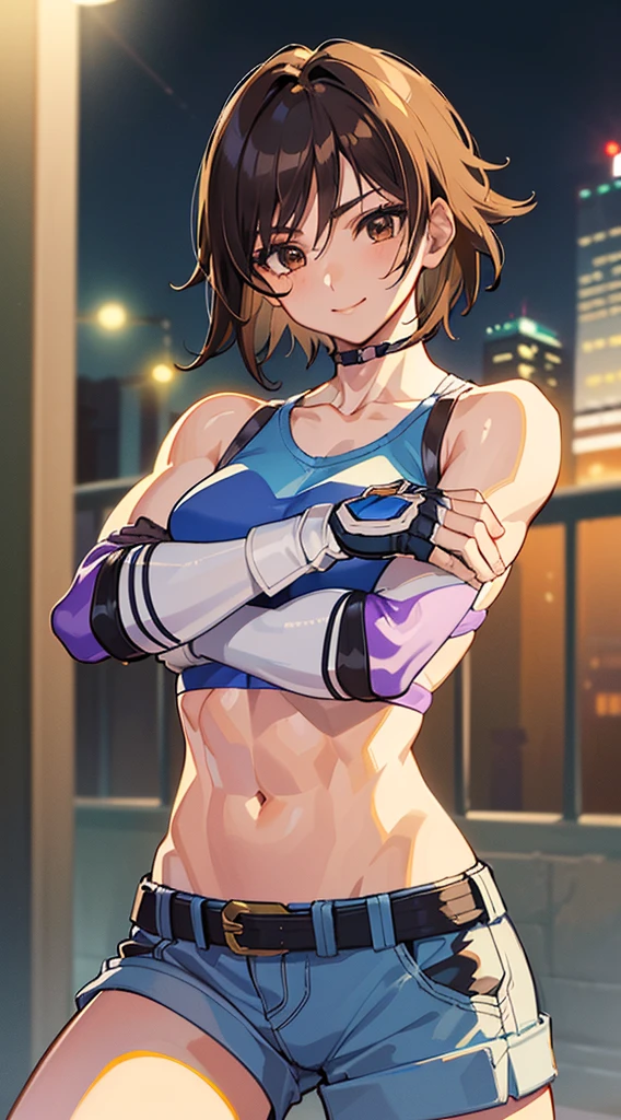 "(masterpiece、premium quality:1.2)、alone、1 girl(Asuka Kazama、muscular woman、short brown hair、white skin、brown eyes)、cowboy shot、smile、tight clothes、good for sports、crop top、shorts、(gloves:1.1)、internal、elbow pad、abdomen、trained abdominal muscles、trained biceps、City of night, adjusting clothes,