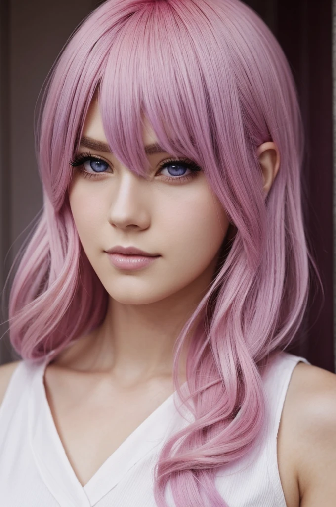 A man with a beautiful face, sweet, beautiful person, pastel pink hair, dark purple eyes, mafia, anime.