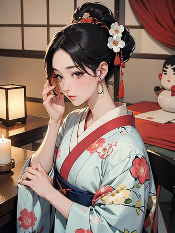 (Highest quality、masterpiece、High resolution、8K)、Ukiyo-e、Vibrant colors、Utamaro、Edo Period、Flowers of Yoshiwara、1 flower kui、whole body、Japanese-style room、It is a tatami room.、There is a candle light、Utamaroの絵のモデル、The courtesan&#39;s hair is black and beautiful、Decoration、The kimono is white with red floral patterns、Sitting、Sitting sideways、The kimono has been flipped up, exposing the bare skin of a part of the leg.、One hand is holding a fan open、Details of the model&#39;s gestures and facial expressions、Official Art、Detailed CG、