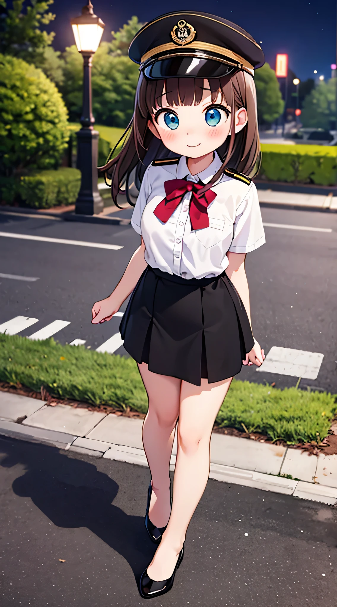 {Highest quality}, {Super beautiful},{Ultra fine},{Best illustration},Brown Hair,Hime cut,semi-long,Bangs,Standing Woman,Uniform cap,White Shirt,Short sleeve,Long black skirt,Night Park,Embarrassed,smilingly,Blushing,Slender women, A woman wearing plain black pumps,Bare feet and pumps,From above