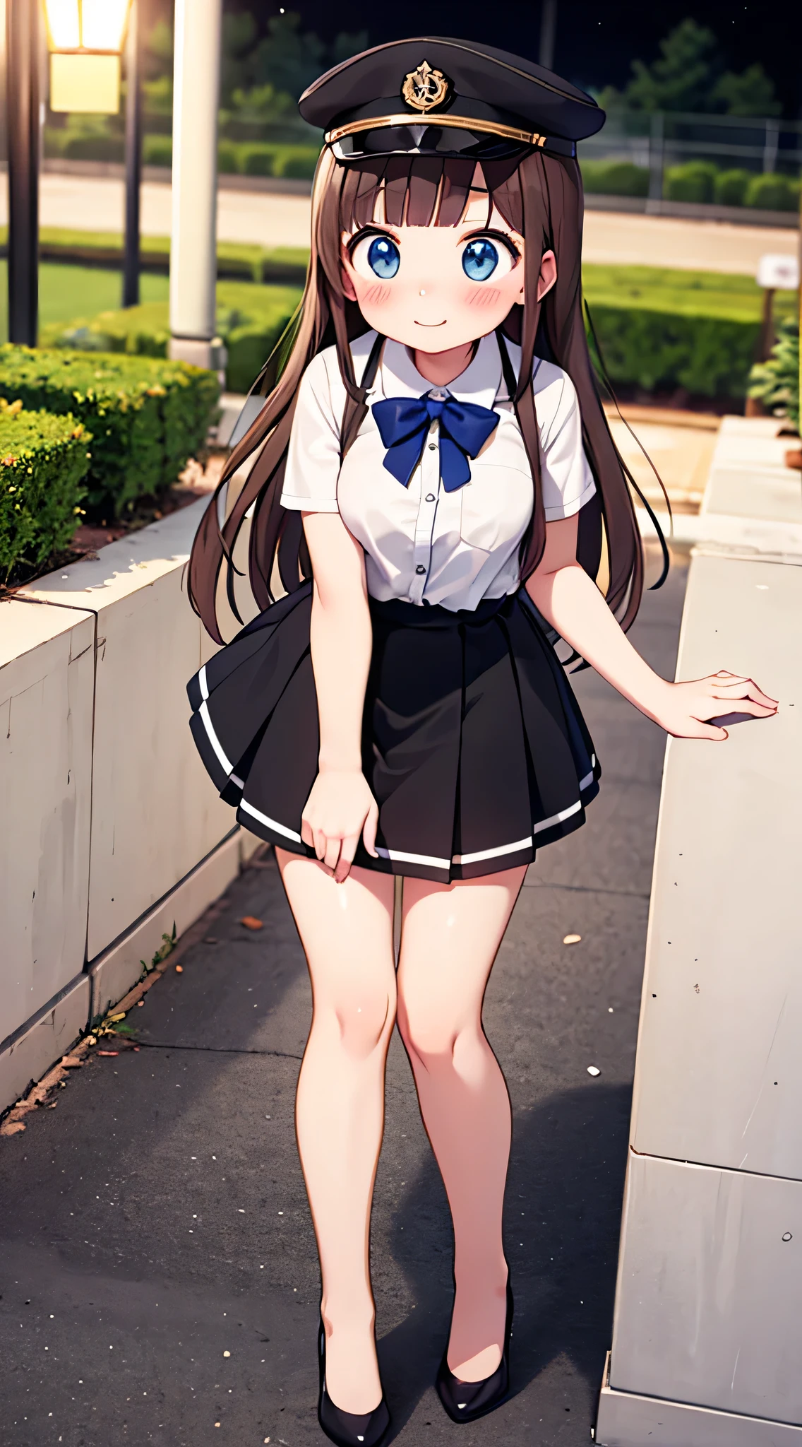 {Highest quality}, {Super beautiful},{Ultra fine},{Best illustration},Brown Hair,Hime cut,semi-long,Bangs,Standing Woman,Uniform cap,White Shirt,Short sleeve,Long black skirt,Night Park,Embarrassed,smilingly,Blushing,Slender women, A woman wearing plain black pumps,Bare feet and pumps,From above