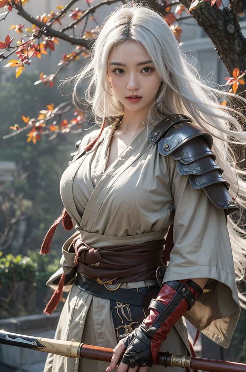 Beautiful Japanese Waifu, early 30s, white hair, fantasy warrior costume, sward in left hand