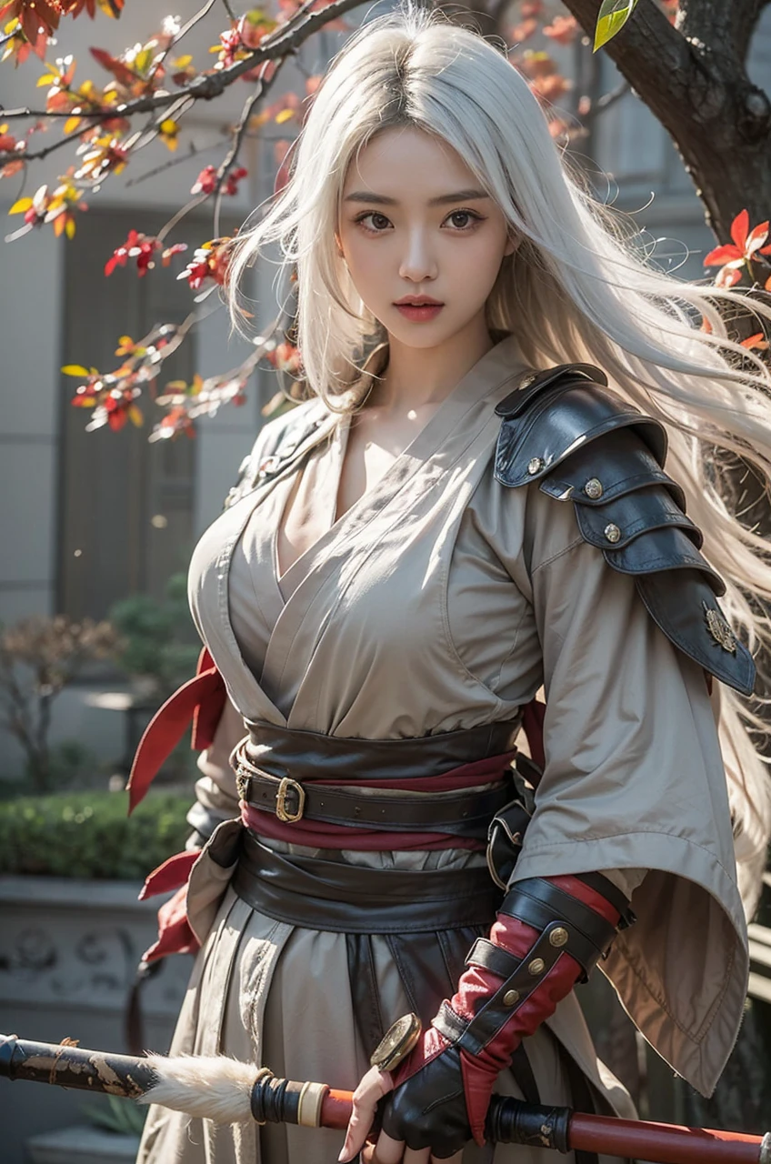 Beautiful Japanese Waifu, early 30s, white hair, fantasy warrior costume, sward in left hand
