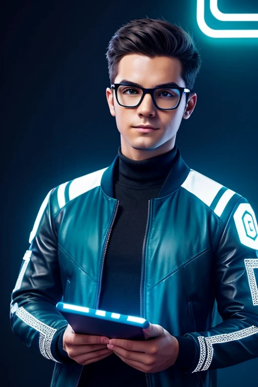 Create a cartoonish digital avatar of a young male lead developer with plain background.The avatar should be facing straight. Leave space in the center of the avatar's outfit to attach a logo. The avatar has medium-length dark hair, wears almost round glasses with a digital interface display, and is dressed in a modern tech outfit with a jacket that has circuit patterns. He is holding a holographic tablet with blockchain symbols. The background is a sleek, futuristic cityscape with glowing lights and advanced technology elements. The color scheme includes shades of blue, green, and silver.
