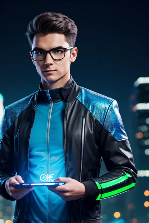 Create a cartoonish digital avatar of a young male lead developer with plain background.The avatar should be facing straight. Leave space in the center of the avatar's outfit to attach a logo. The avatar has medium-length dark hair, wears almost round glasses with a digital interface display, and is dressed in a modern tech outfit with a jacket that has circuit patterns. He is holding a holographic tablet with blockchain symbols. The background is a sleek, futuristic cityscape with glowing lights and advanced technology elements. The color scheme includes shades of blue, green, and silver.