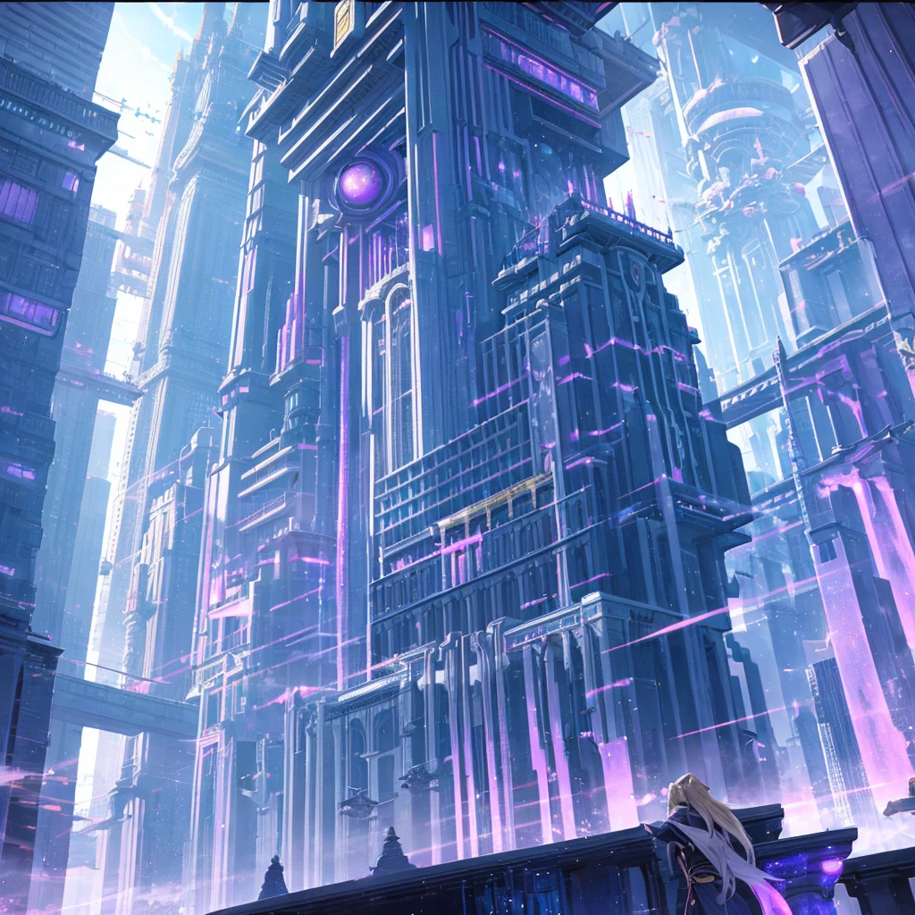 A huge fantastical sci-fi city, aether city, floating aerial metropolis,Skyscrapers、Huge construction,Super huge waterfall,Super huge temple,Super huge torii,mysterious,Fantasy, towering skyscrapers, massive waterfall, celestial planets in the sky, surrounded by clouds, cosmic architecture, violet energy scars around, central massive castle, astral sky