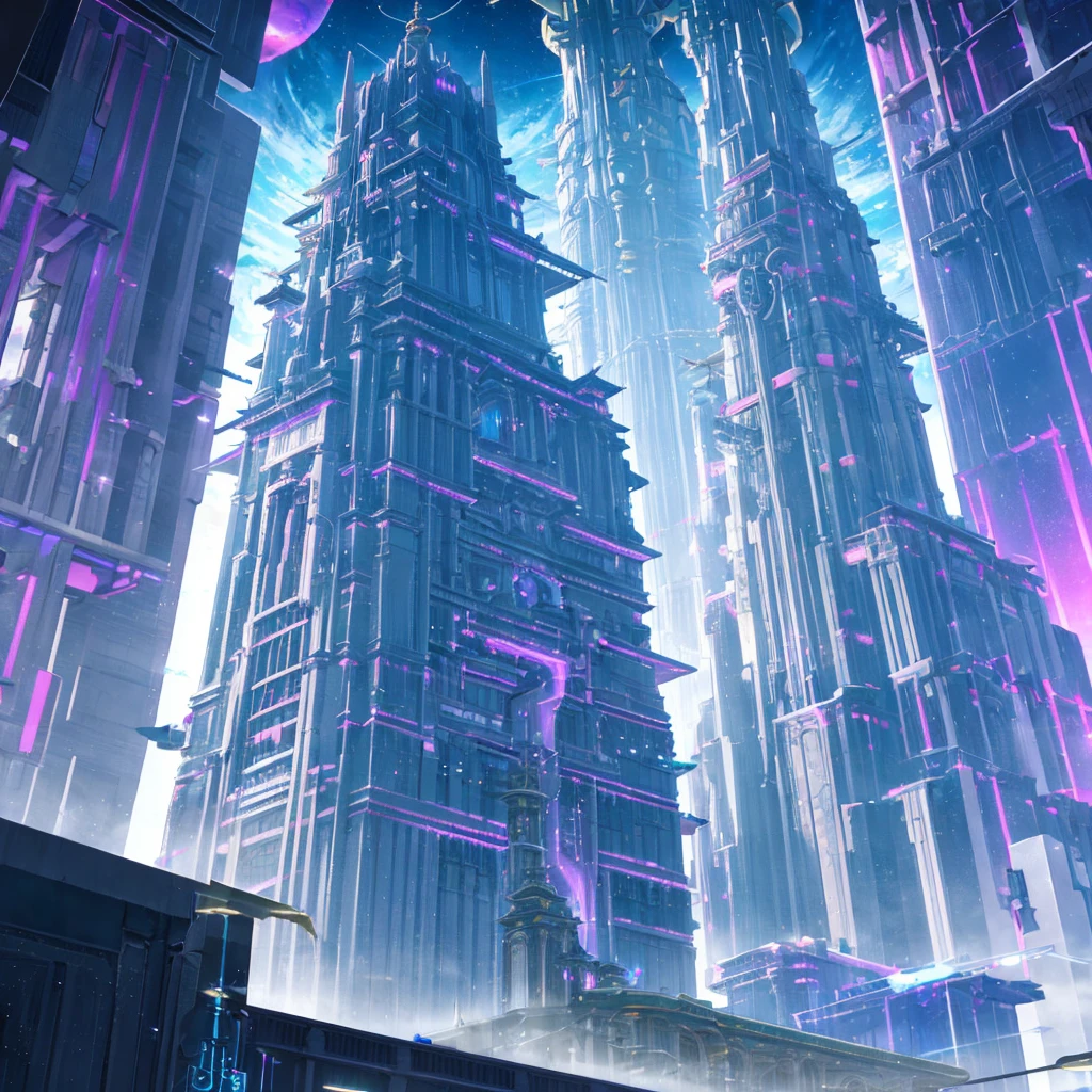 A huge fantastical sci-fi city, aether city, floating aerial metropolis,Skyscrapers、Huge construction,Super huge waterfall,Super huge temple,Super huge torii,mysterious,Fantasy, towering skyscrapers, massive waterfall, celestial planets in the sky, surrounded by clouds, cosmic architecture, violet energy scars around, central massive castle, astral sky