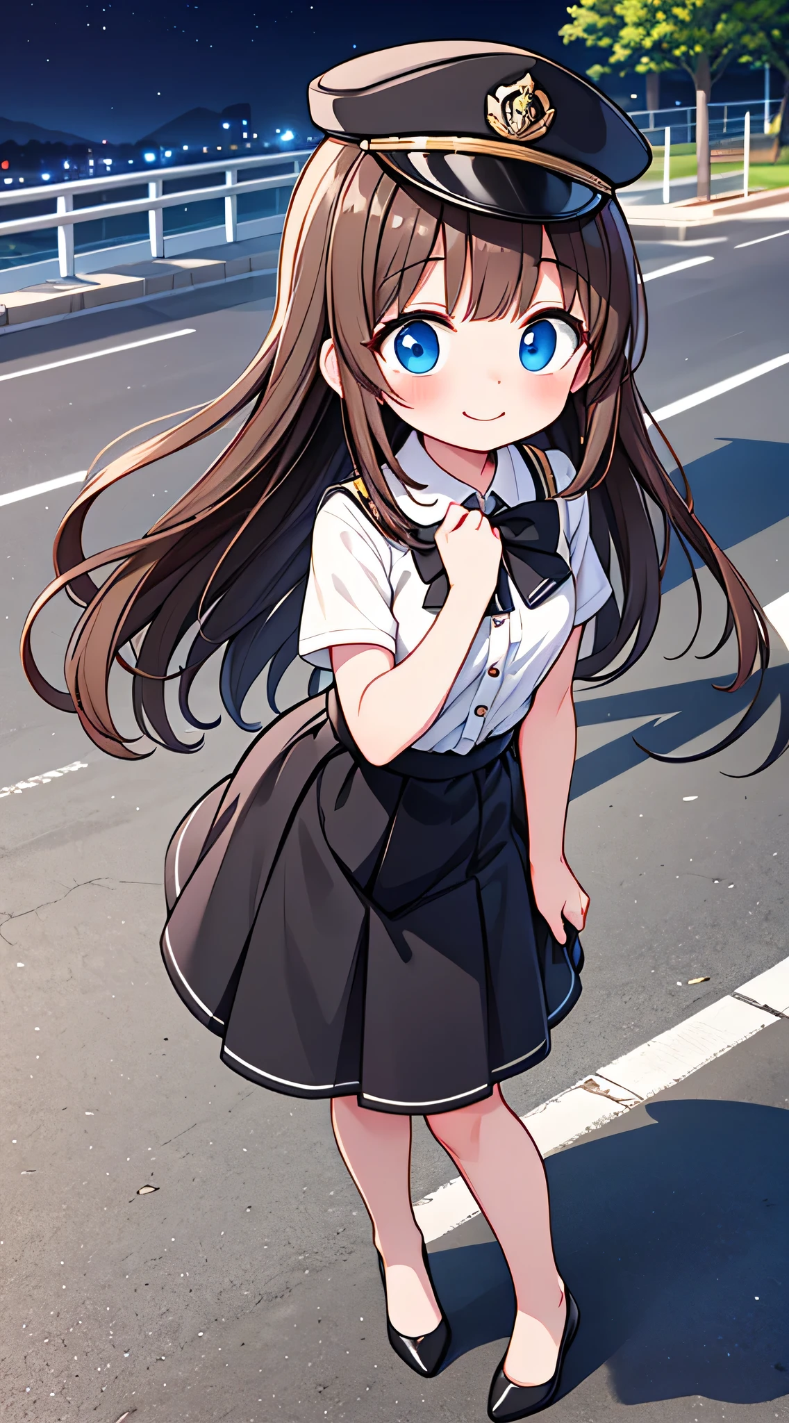 {Highest quality}, {Super beautiful},{Ultra fine},{Best illustration},Brown Hair,Hime cut,semi-long,Bangs,Standing Woman,Uniform cap,White Shirt,Short sleeve,Long black skirt,Night Park,Embarrassed,smilingly,Blushing,Slender women, A woman wearing plain black pumps,Bare feet and pumps,From an angle,From above