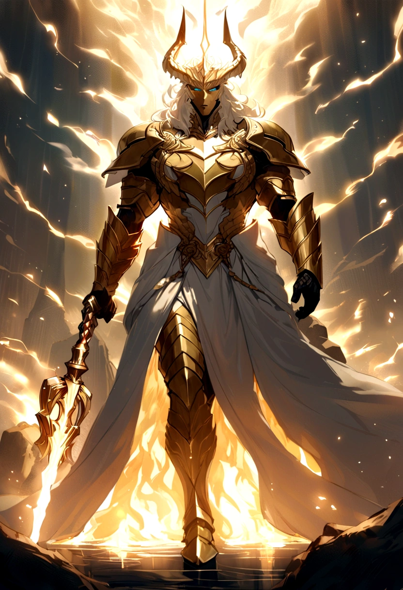 Gwydion appears as a majestic figure radiating an aura of determination and strength. Clad in gleaming armor and wielding a staff imbued with light, his presence inspires courage and fortitude. His eyes shine with an unwavering resolve, and his voice resonates with authority and confidence.