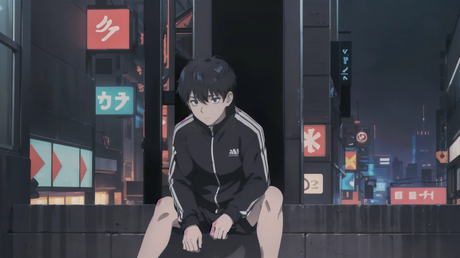 (Highly detailed CG Unity 8k wallpaper), (masterpiece), (Highest quality), (Super detailed), (Best illustrations), (Best Shadow), (Absurd), One boy, alone,Sitting, cyberpunk cityscape,night city \(city\), stealth in the city  miko, One boy, alone, track Jacket, Black Hair, Jacket, Iris,Multiple poses 