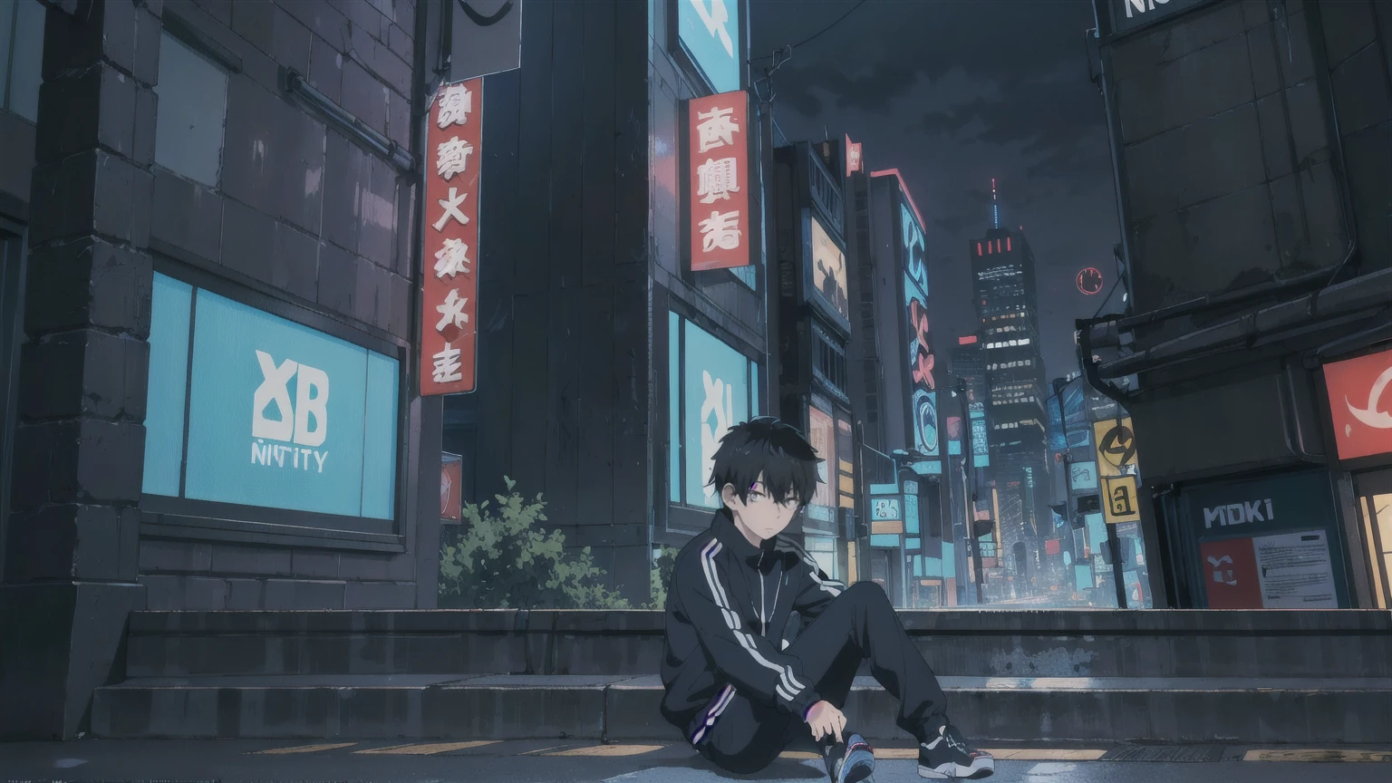 (Highly detailed CG Unity 8k wallpaper), (masterpiece), (Highest quality), (Super detailed), (Best illustrations), (Best Shadow), (Absurd), One boy, alone,Sitting, cyberpunk cityscape,night city \(city\), stealth in the city  miko, One boy, alone, track Jacket, Black Hair, Jacket, Iris,Multiple poses 