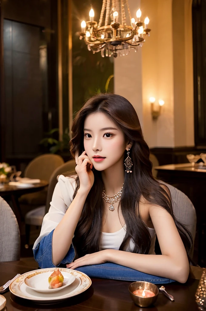 Generate an image of a breathtaking 20-year-old Asian woman whose beauty is comparable to a goddess of the fire element. She has large brown eyes, dark brown hair, radiant skin, and an appealing look. Dressed in a stunning top and blue skinny jeans, she is seated elegantly at a romantic dining table. The ambiance is intimate with soft lighting, candles, and a beautifully set table.