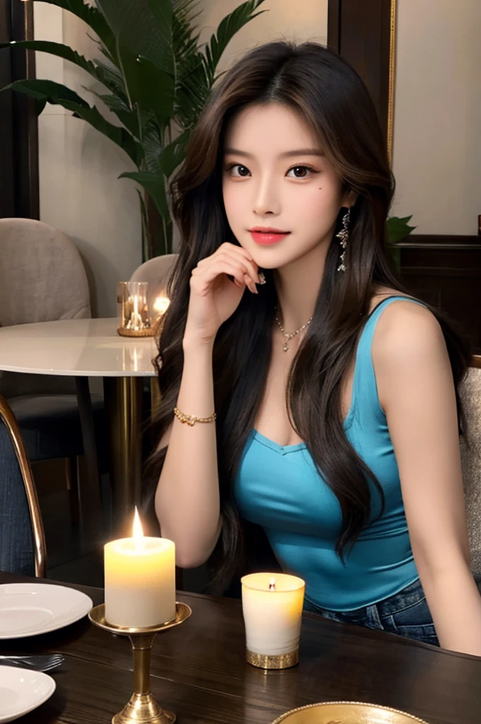 Generate an image of a breathtaking 20-year-old Asian woman whose beauty is comparable to a goddess of the fire element. She has large brown eyes, dark brown hair, radiant skin, and an appealing look. Dressed in a stunning top and blue skinny jeans, she is seated elegantly at a romantic dining table. The ambiance is intimate with soft lighting, candles, and a beautifully set table.