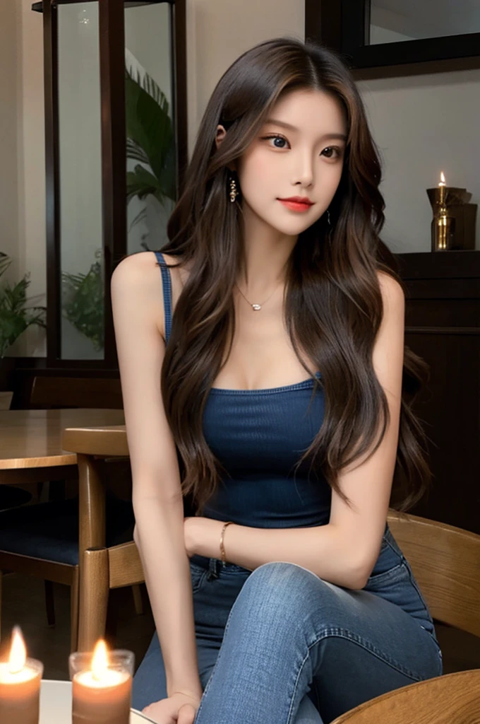 Generate an image of a breathtaking 20-year-old Asian woman whose beauty is comparable to a goddess of the fire element. She has large brown eyes, dark brown hair, radiant skin, and an appealing look. Dressed in a stunning top and blue skinny jeans, she is seated elegantly at a romantic dining table. The ambiance is intimate with soft lighting, candles, and a beautifully set table.