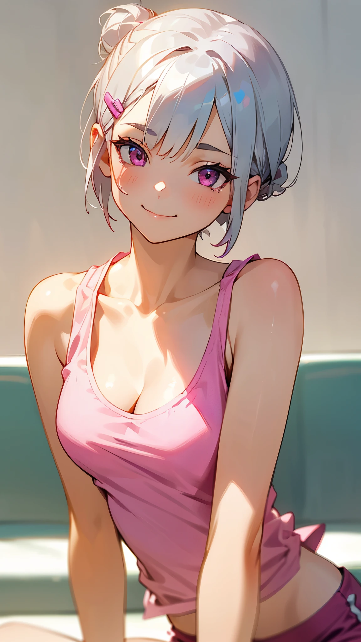 １girl、Short silver bob hair tied in a bun with a hair clip, Pink Eyes、smile、really like、Pink tank top、hot pants、Upper body close-up、Morning Cafe Terrace、Background blur, Written boundary depth, sitting, looking away, cleavage 