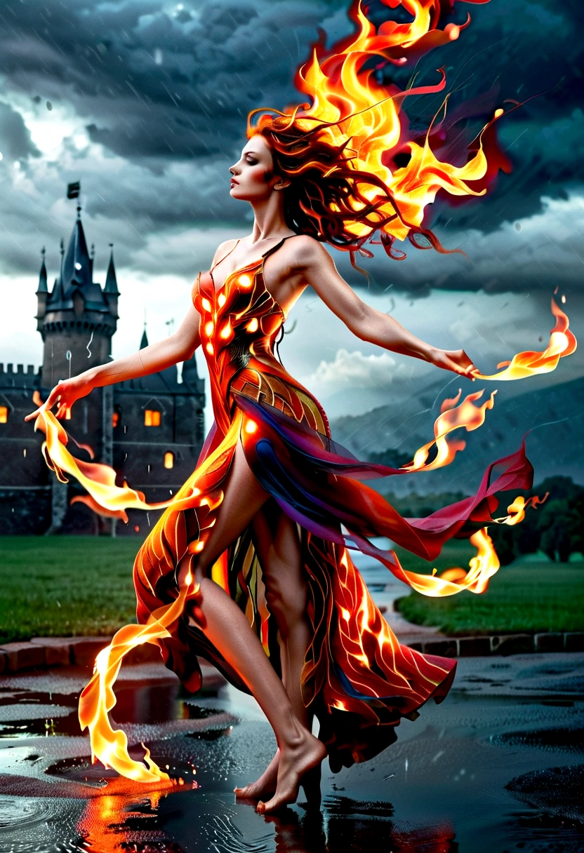 a sorceress of fire making fire dance in a the (storm of rain: 1.3), a most exquisite beautiful sorceress, controlling fire manipulating fire, a woman, dynamic hair color, dynamic hair style, wet hair, wet face, dynamic eyes color, full body shot, wearing dress made of fire, wearing intricate high heels, light make up, dancing in courtyard of a fantasy castle, ((heavy rain drops: 1.1)), clouds in the sky,  (anatomically correct: 1.4), (full body shot: 1.1) , vibrant, Ultra-high resolution, High Contrast, (masterpiece:1.5), highest quality, Best aesthetics), best details, best quality, highres, ultra wide angle, 16k, [ultra detailed], masterpiece, best quality, (extremely detailed),  firecd_xl, phoenix dress, fireMagicAI