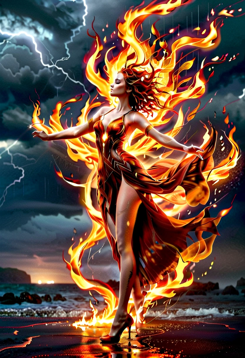 a sorceress of fire making fire dance in a the (storm of rain: 1.3), a most exquisite beautiful sorceress, controlling fire manipulating fire, a woman, dynamic hair color, dynamic hair style, wet hair, wet face, dynamic eyes color, full body shot, wearing dress made of fire, wearing intricate high heels, light make up, dancing in courtyard of a fantasy castle, ((heavy rain drops: 1.1)), clouds in the sky,  (anatomically correct: 1.4), (full body shot: 1.1) , vibrant, Ultra-high resolution, High Contrast, (masterpiece:1.5), highest quality, Best aesthetics), best details, best quality, highres, ultra wide angle, 16k, [ultra detailed], masterpiece, best quality, (extremely detailed),  firecd_xl, phoenix dress, fireMagicAI