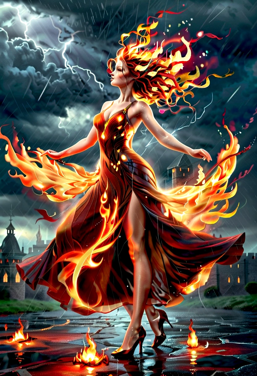 a sorceress of fire making fire dance in a the (storm of rain: 1.3), a most exquisite beautiful sorceress, controlling fire manipulating fire, a woman, dynamic hair color, dynamic hair style, wet hair, wet face, dynamic eyes color, full body shot, wearing dress made of fire, wearing intricate high heels, light make up, dancing in courtyard of a fantasy castle, ((heavy rain drops: 1.1)), clouds in the sky,  (anatomically correct: 1.4), (full body shot: 1.1) , vibrant, Ultra-high resolution, High Contrast, (masterpiece:1.5), highest quality, Best aesthetics), best details, best quality, highres, ultra wide angle, 16k, [ultra detailed], masterpiece, best quality, (extremely detailed),  firecd_xl, phoenix dress, fireMagicAI
