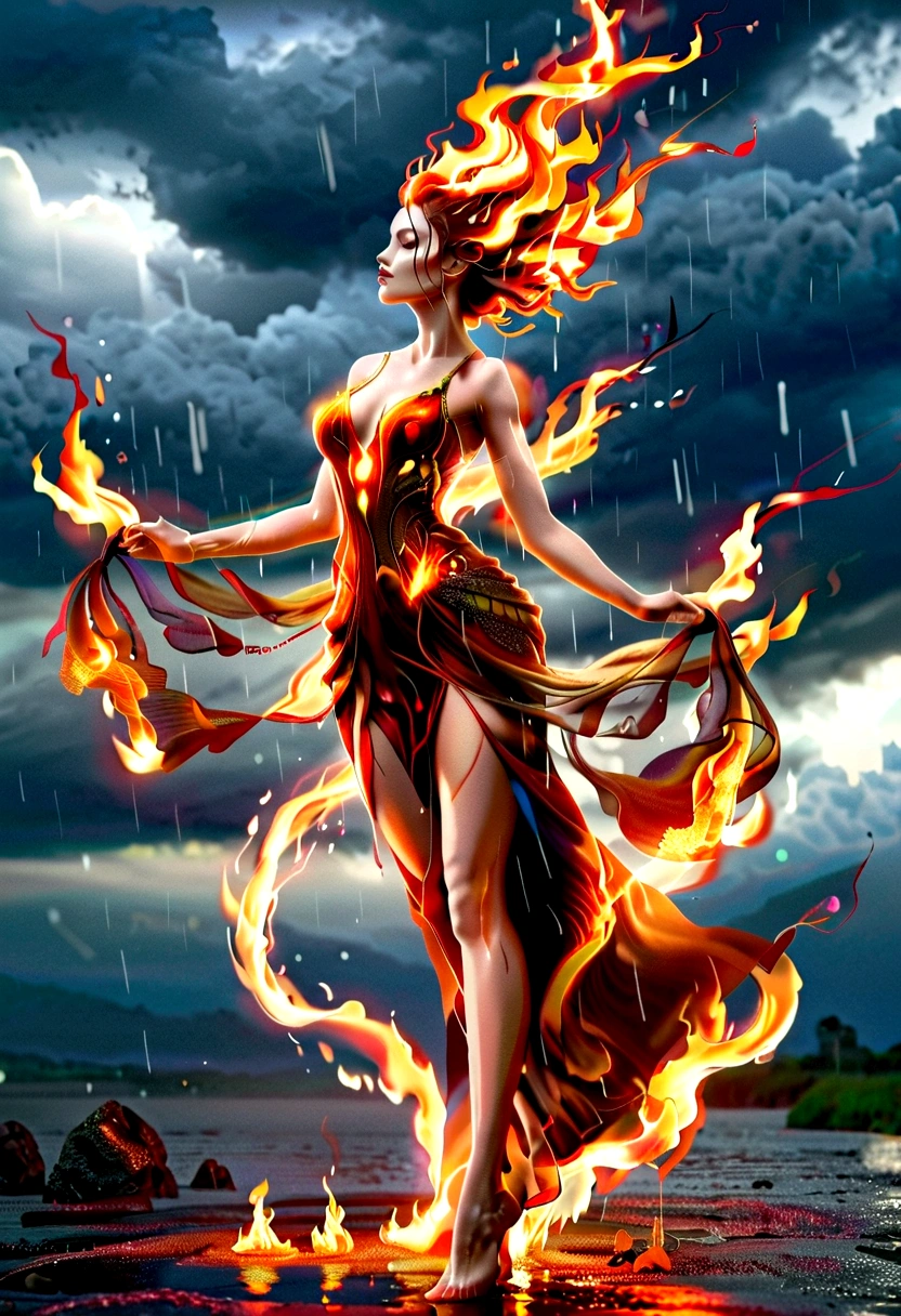 a sorceress of fire making fire dance in a the (storm of rain: 1.3), a most exquisite beautiful sorceress, controlling fire manipulating fire, a woman, dynamic hair color, dynamic hair style, wet hair, wet face, dynamic eyes color, full body shot, wearing dress made of fire, wearing intricate high heels, light make up, dancing in courtyard of a fantasy castle, ((heavy rain drops: 1.1)), clouds in the sky,  (anatomically correct: 1.4), (full body shot: 1.1) , vibrant, Ultra-high resolution, High Contrast, (masterpiece:1.5), highest quality, Best aesthetics), best details, best quality, highres, ultra wide angle, 16k, [ultra detailed], masterpiece, best quality, (extremely detailed),  firecd_xl, phoenix dress, fireMagicAI