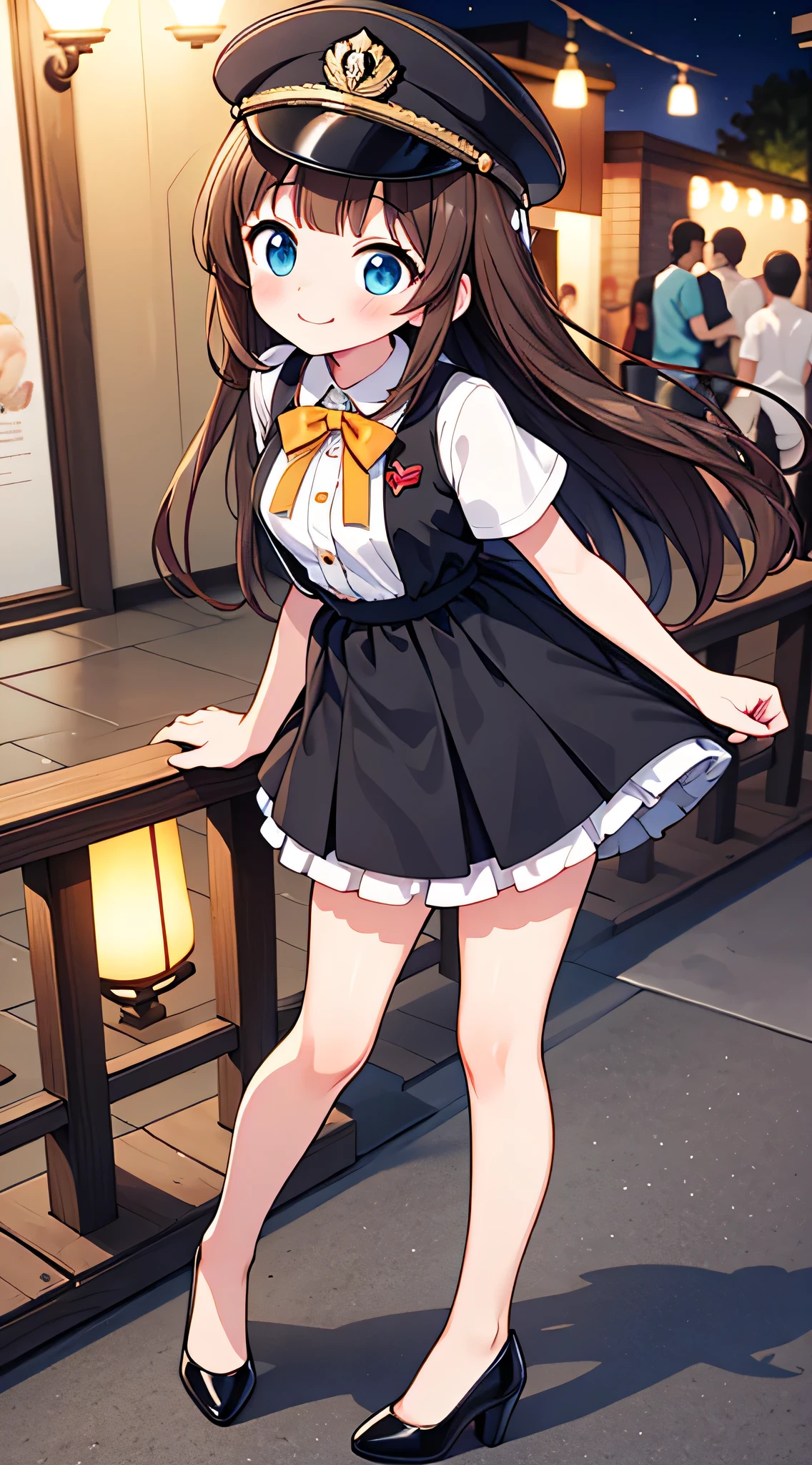 {Highest quality}, {Super beautiful},{Ultra fine},{Best illustration},Brown Hair,Hime cut,semi-long,Bangs,Standing Woman,Uniform cap,White Shirt,Short sleeve,Long black skirt,Night Park,Embarrassed,smilingly,Blushing,Slender women, A woman wearing plain black pumps,Bare feet and pumps,From an angle,From above