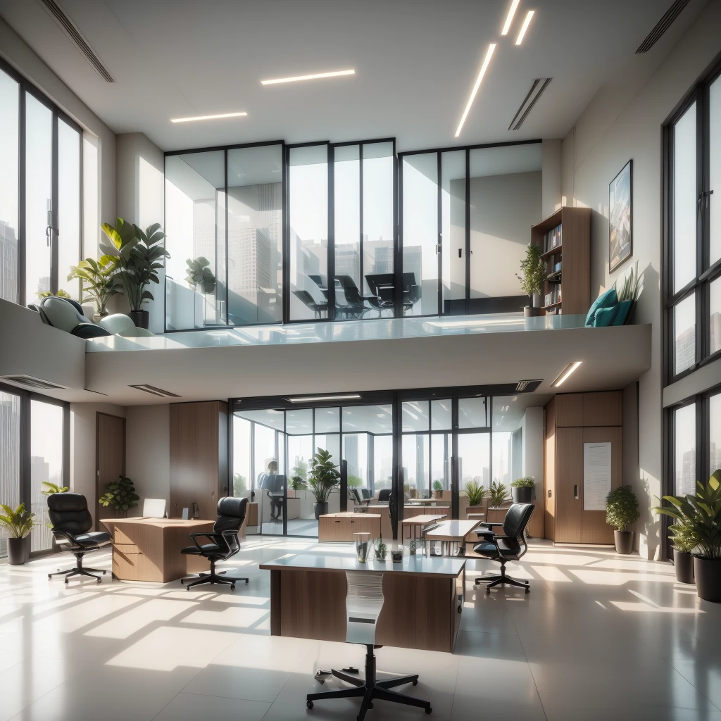 Modern office design with sleek lines, glass partitions, and ergonomic furniture, creating a professional and efficient workspace.