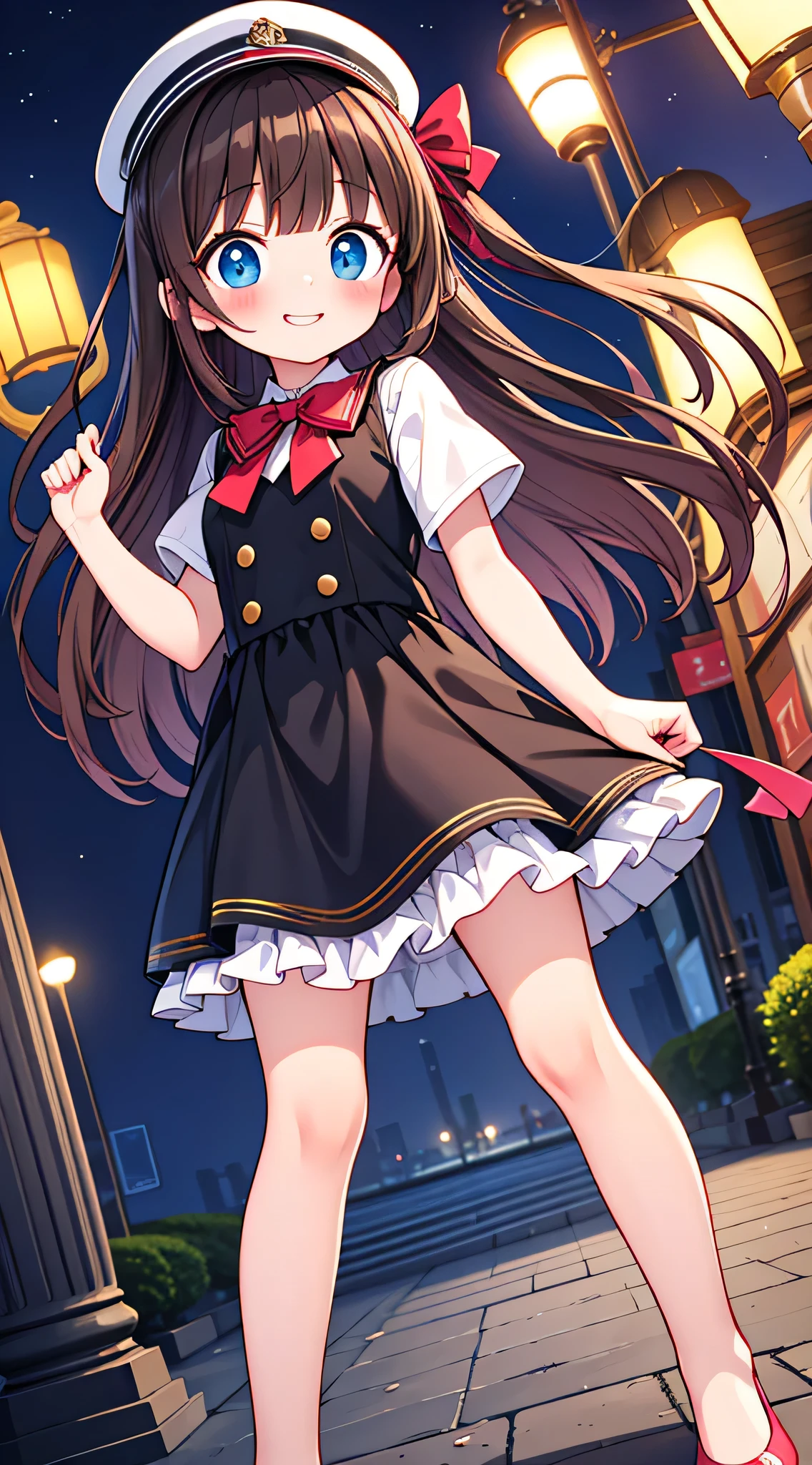 {Highest quality}, {Super beautiful},{Ultra fine},{Best illustration},Brown Hair,Hime cut,semi-long,Bangs,Standing Woman,Uniform cap,White Shirt,Short sleeve,Long black skirt,Night Park,Embarrassed,smilingly,Blushing,Slender women, A woman wearing plain black pumps,Bare feet and pumps,From an angle,From above